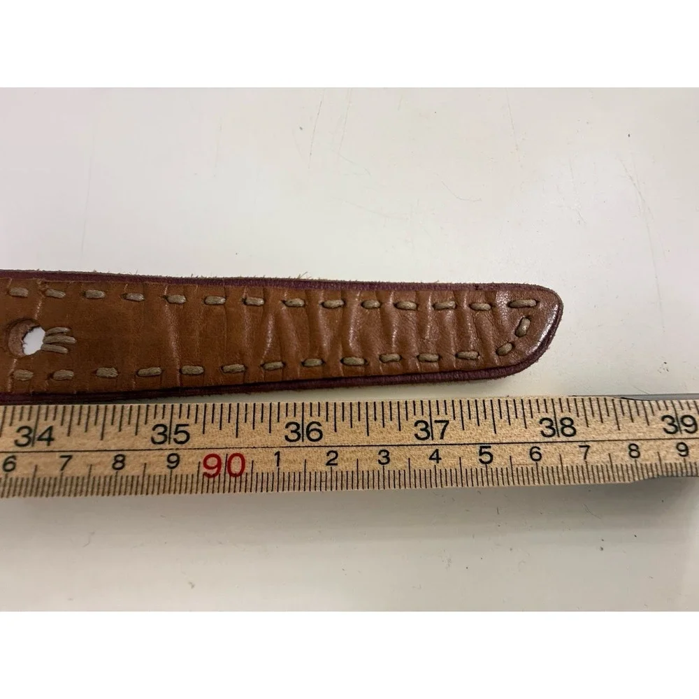 Wide Brown Leather Contour Waist Belt Brass Buckle Whipstitch Boho Western